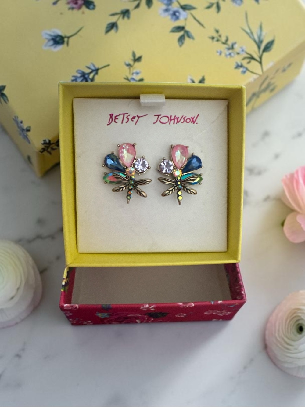 Betsey Johnson Multicolor Dragonfly Crystal Stud Earrings NWT